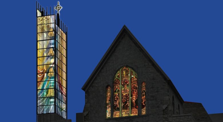 ccc-bell-tower-dusk-light-with-stained-glass-sarah-hall-studio